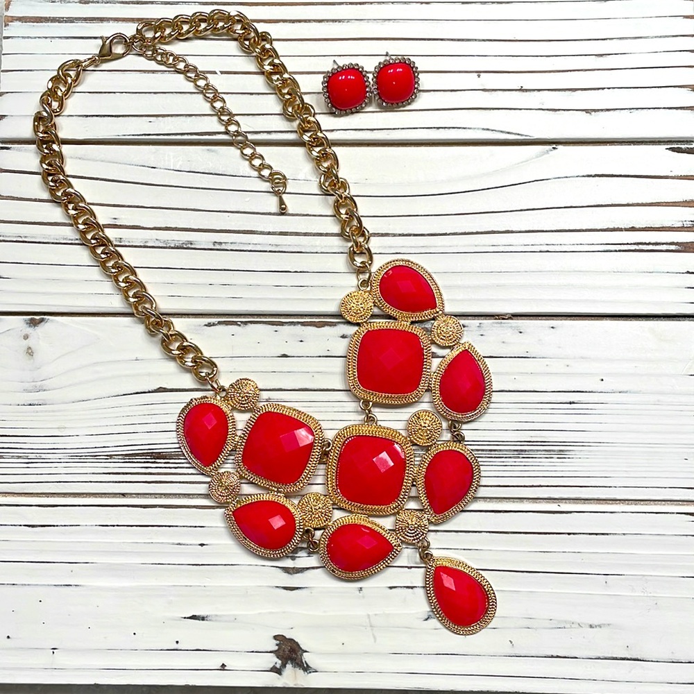 Red and Gold Costume Jewelry Statement Necklace and Earrings